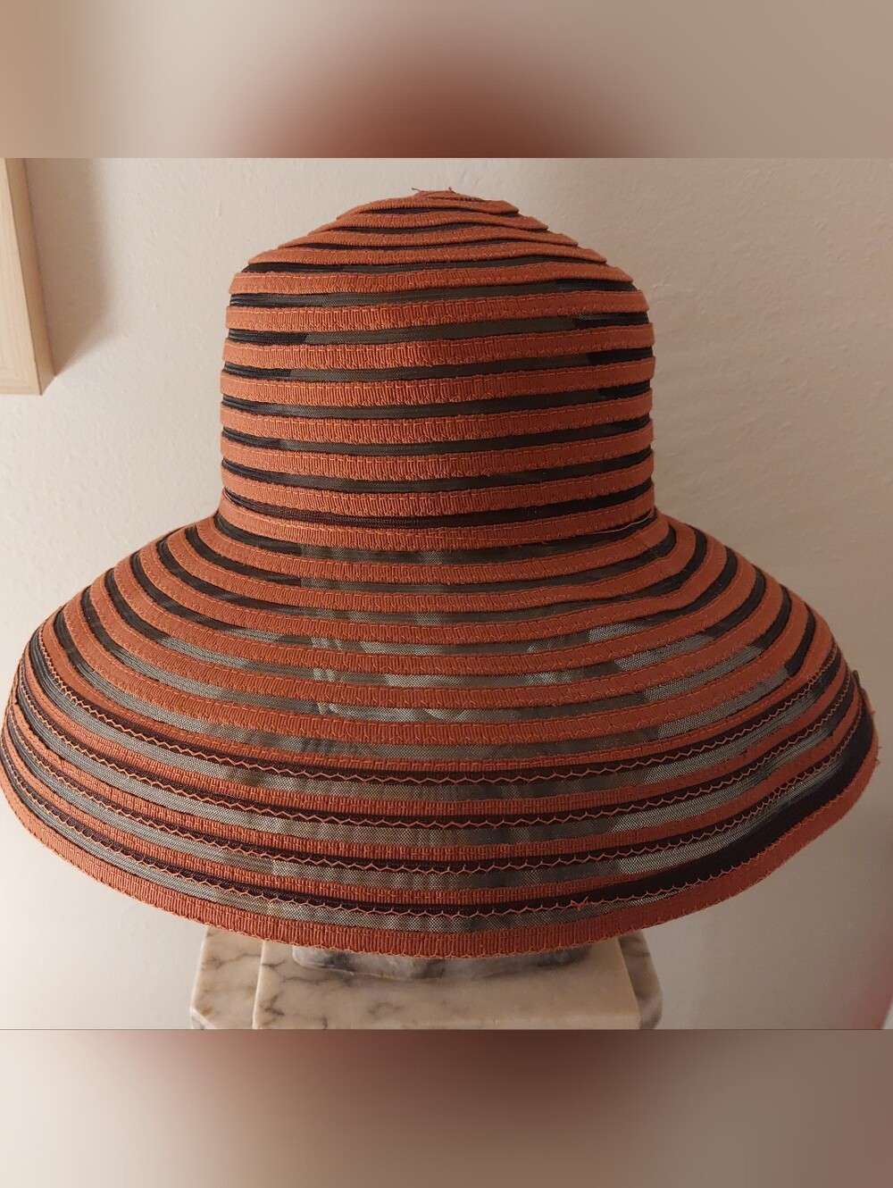 Saks Fifth Avenue Striped Wide-Brim Sun Hat in Rust and Black - Picture 5 of 8